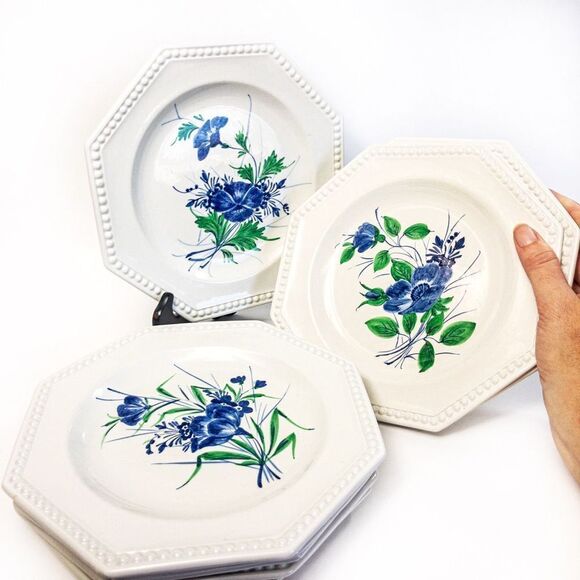 VTG Gialletti Pimpinelli Earthenware Plates Blue Floral Italy Set of 8 - Picture 11 of 12